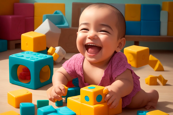 "Bebé sonriendo mientras se divierte con juegos interactivos de estimulación temprana."