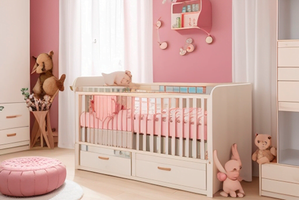 Habitación del bebé bellamente decorada con cuna, estanterías y elementos de diseño en tonos suaves y relajantes.