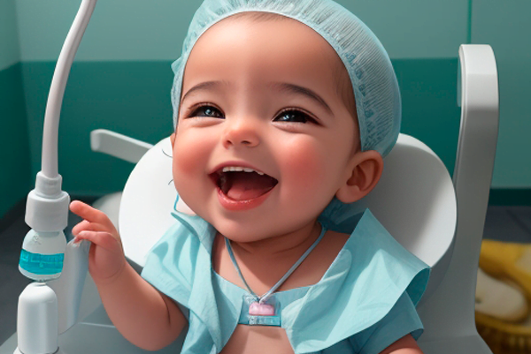 Imagen de un bebé sonriente durante la dentición tardía, cuidado de la salud bucal y consulta al pediatra