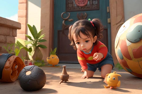 Bebé explorando texturas para fortalecer músculos clave durante el gateo, contribuyendo al desarrollo físico y motor en la infancia.